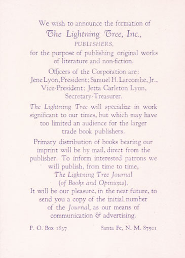 Announcement for the formation of The Lightning Tree, 1973